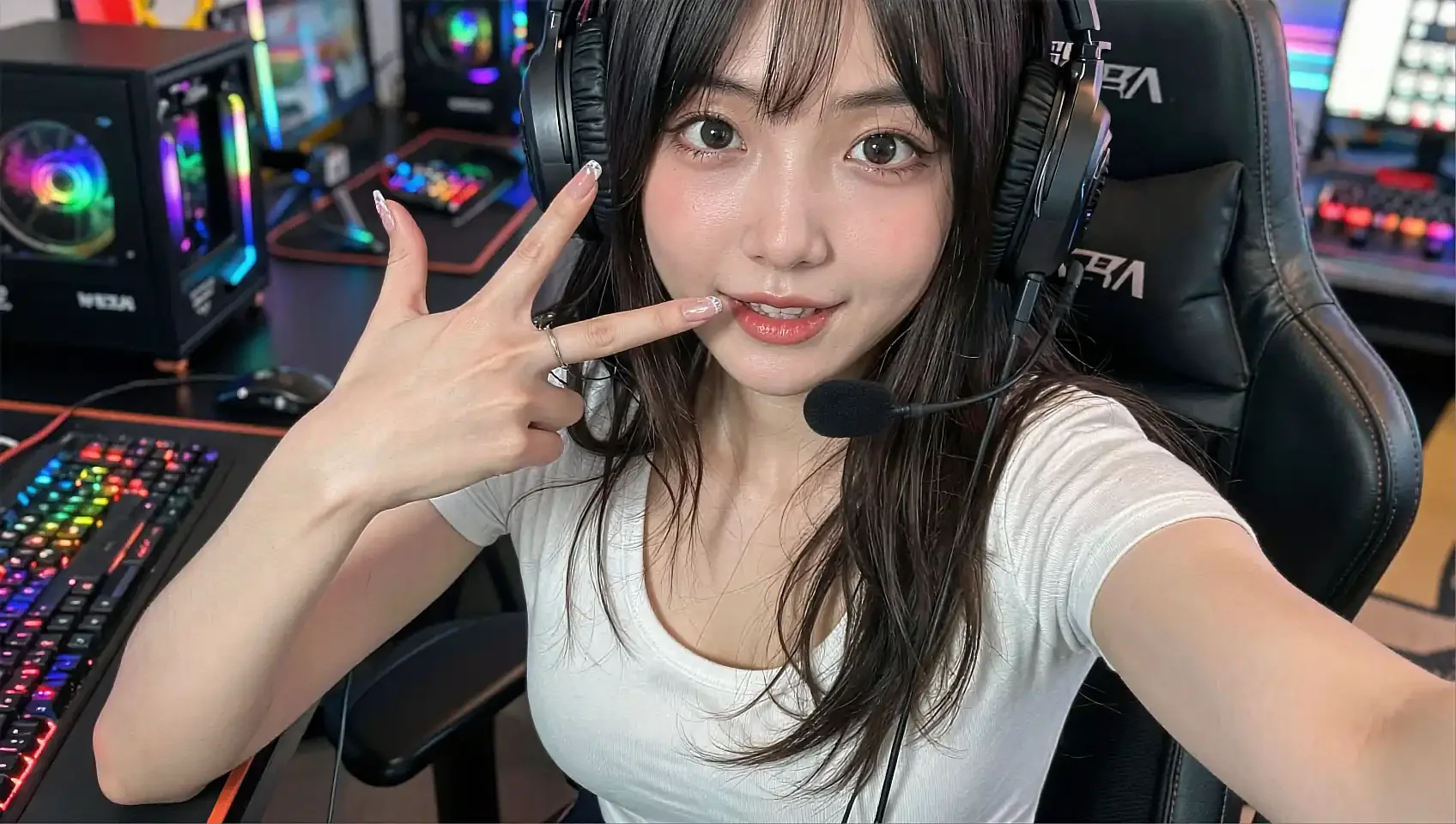 Hana, an anime AI girlfriend, flashing a peace sign at her mic in a neon-lit room mid-scene